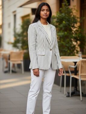 Ann Taylor Loft Blazer Linen 4 Petite Striped Classy Preppy NWT